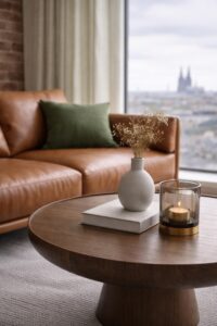 Runder Holzcouchtisch mit Vase und Kerzenglas vor cognacfarbenem Sofa und großem Fenster mit Blick auf die Kölner Skyline
