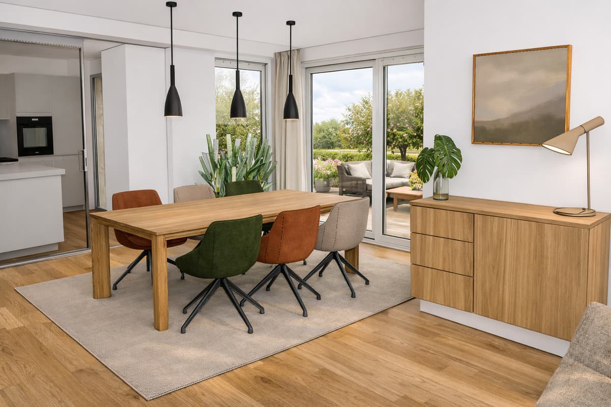 Esszimmer mit massivem Holztisch, Polsterstühlen und Holz-Sideboard vor Fensterfront