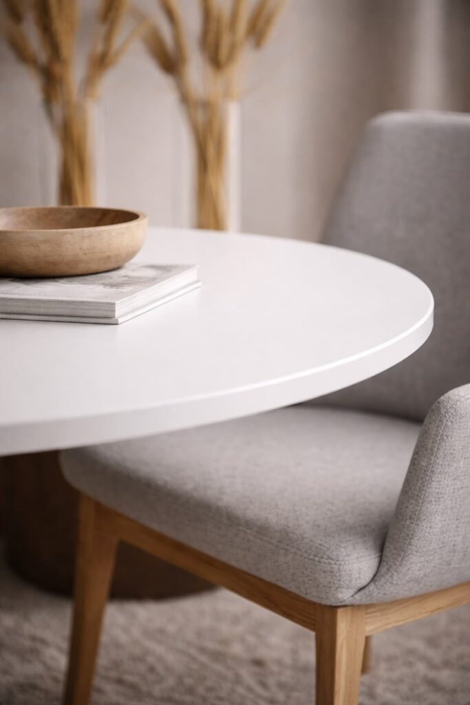 Detailaufnahme eines runden weißen Esstisches mit Holzschale auf Magazin, gepolsterter Stuhl mit Holzgestell im Hintergrund – ruhige, natürliche Farbwelt.