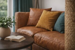 Detailaufnahme eines cognacfarbenen Ledersofas mit senf- und petrolfarbenen Kissen vor bodentiefem Fenster mit grünen Vorhängen.