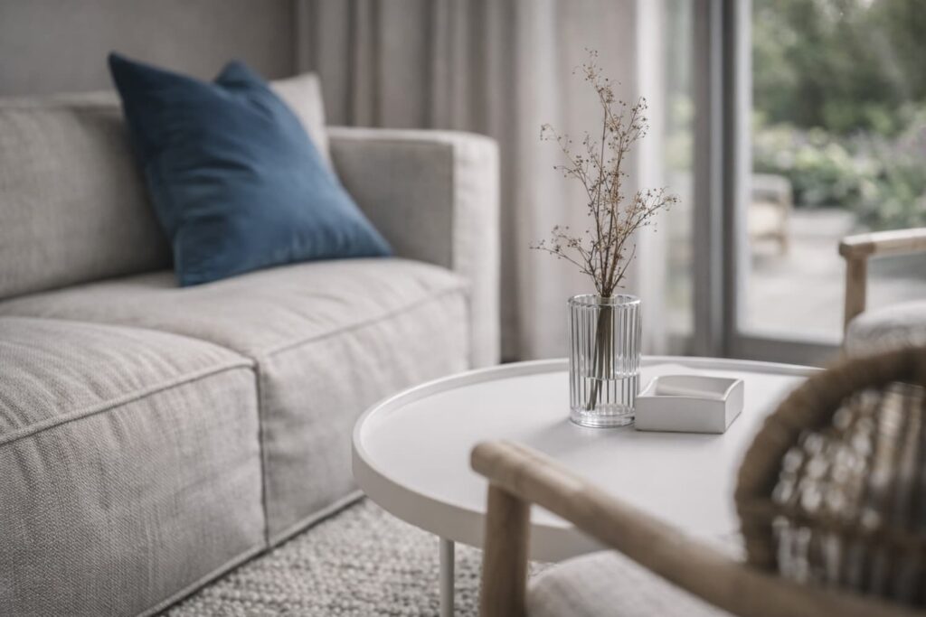 Detailaufnahme eines hellen Sofas mit blauem Akzentkissen und rundem Couchtisch, Vase mit Trockenblumen im Vordergrund, Fenster mit Blick ins Grüne.