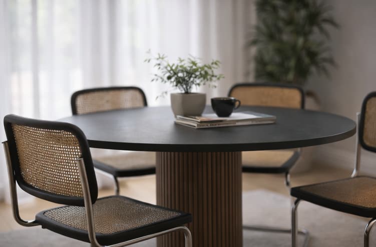 Detail des runden Esstisches mit dunkler Oberfläche, Pflanze im Keramiktopf und Zeitschriften als Dekoration