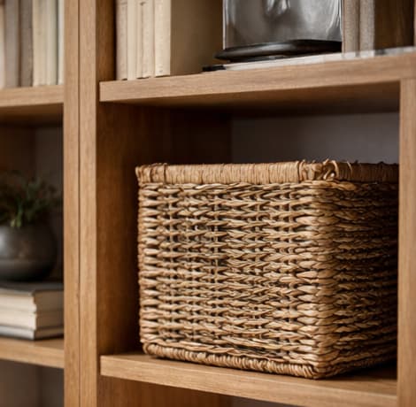 Eichenregal mit geflochtenem Korb, Büchern und dekorativen Accessoires.