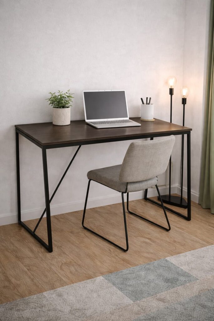 Kompakte Homeoffice-Ecke mit dunklem Schreibtisch und schwarzem Metallgestell, gepolstertem Stuhl, Laptop und warmem Stimmungslicht – funktionale Arbeitsplatzlösung im Gästezimmer.