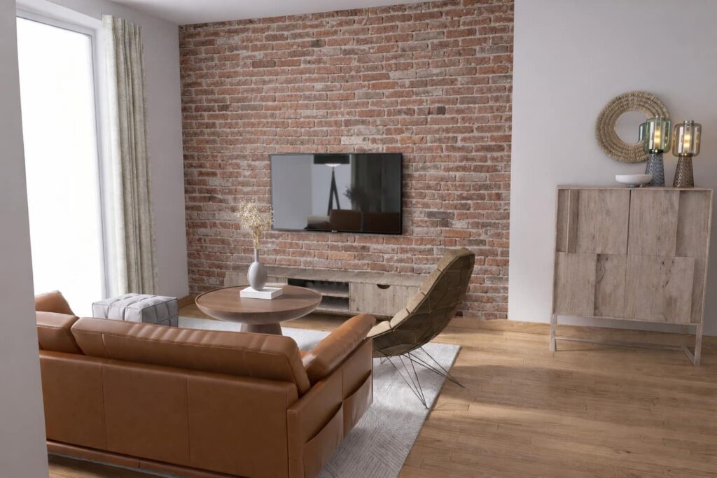 Wohn- und Essbereich mit Ledersofa, Esstisch für zwei Personen und großem Fenster mit Blick über Köln in modern-urbaner Gestaltung