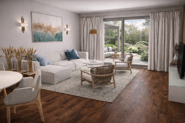 Heller Wohnraum mit großem Sofa, zwei Loungesesseln, runder Tischkombination und bodentiefen Fenstern – warme Materialien auf dunklem Nussbaumparkett.