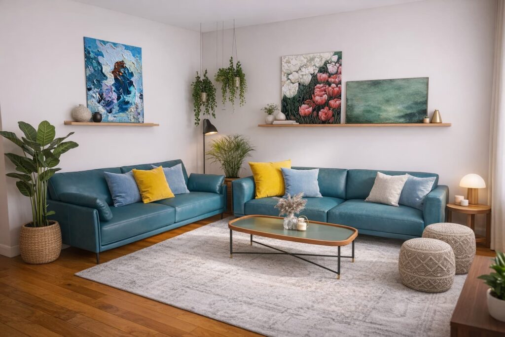 Wohn- und Essbereich mit zwei petrolfarbenen Ledersofas, großem Teppich, Wandregalen mit Kunst und Pflanzen sowie warmem Holzfußboden.